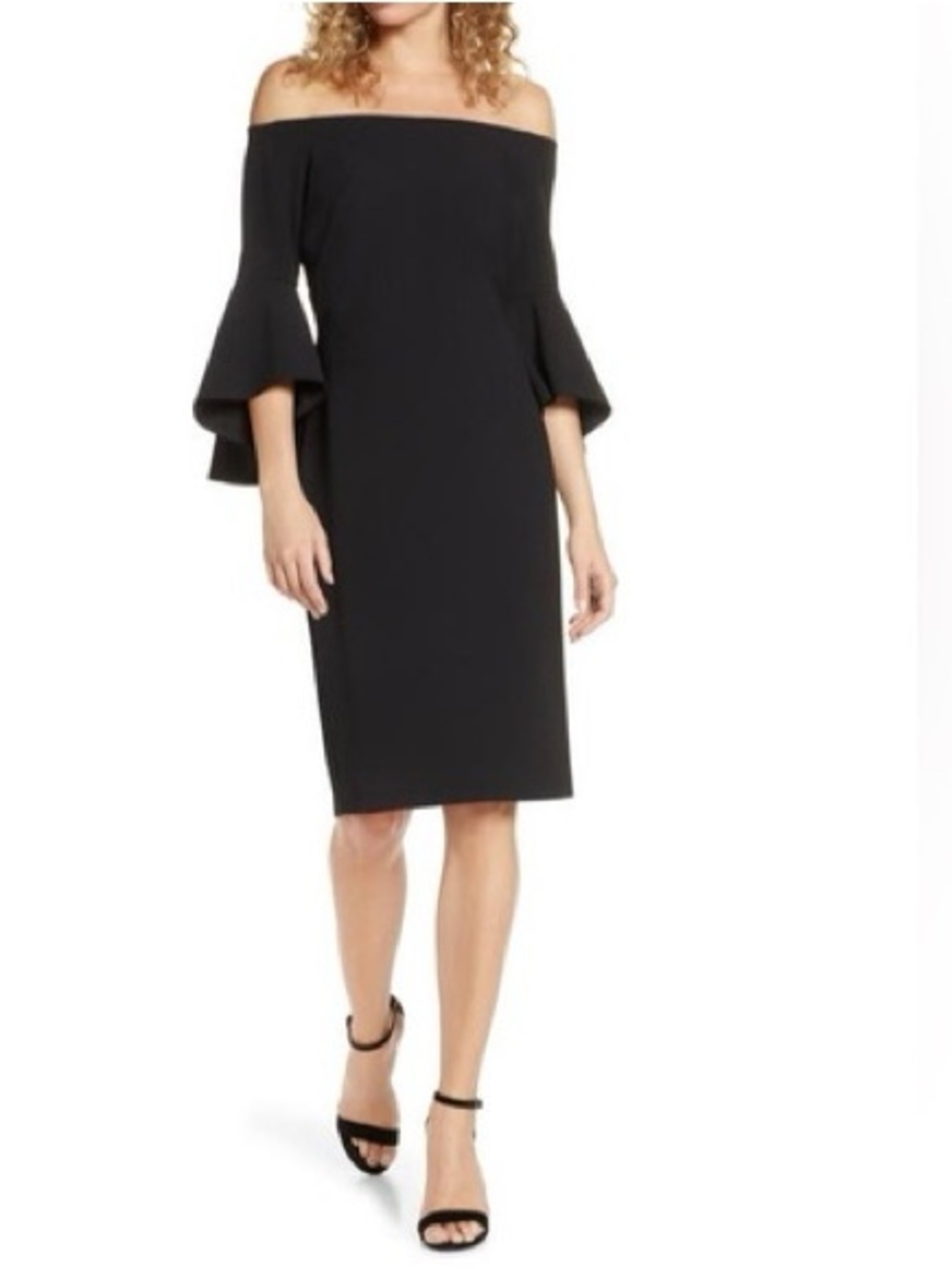 Chelsea28 Off-the-Shoulder Black Midi Dress with Tiered Bell Sleeves